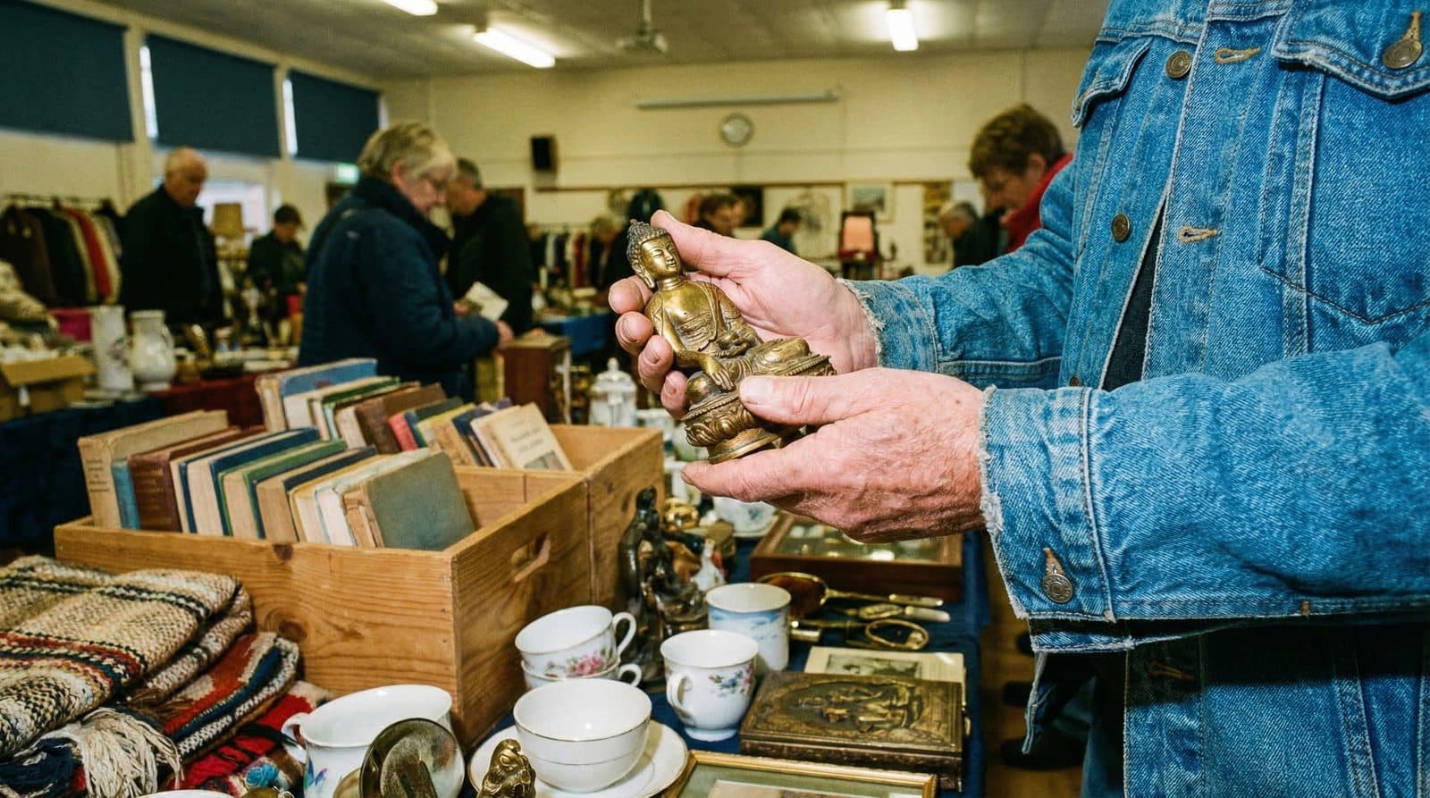 Händer som håller en förgylld buddha-staty på en svensk loppis