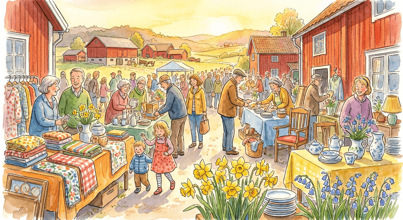 Vårmarknad med loppisar i svensk landsbygd